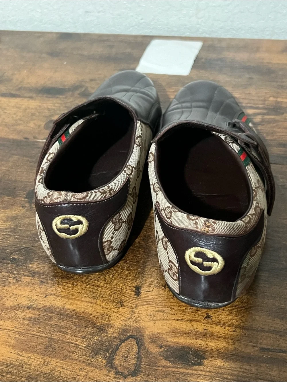 Gucci Brown GG Canvas & Dark Brown Leather Slip-Ons with Red-Green Stripe